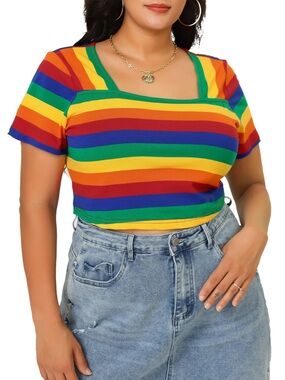 💜 Plus Size Rainbow Striped Squate Neck Crop Tee • NWT • 23.5" p2p, 17" length
